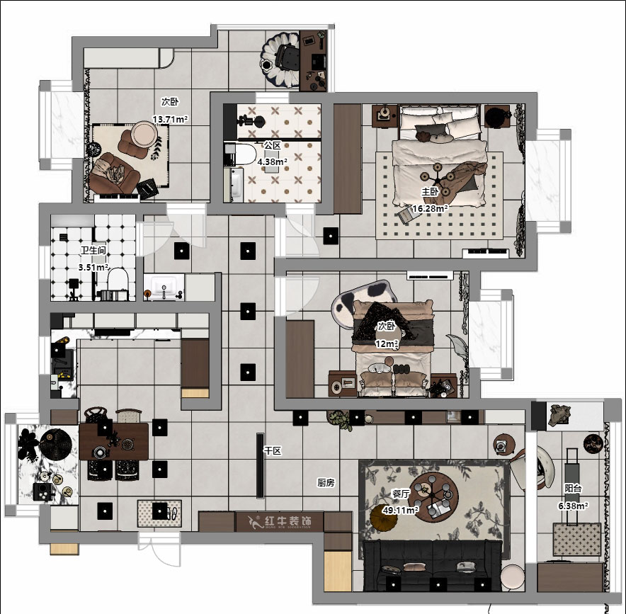 顾娟｜挪威森林13-501-125㎡-中古风｜3室2厅2卫｜旧房装修｜定制家｜全包17万｜00_04平面彩图